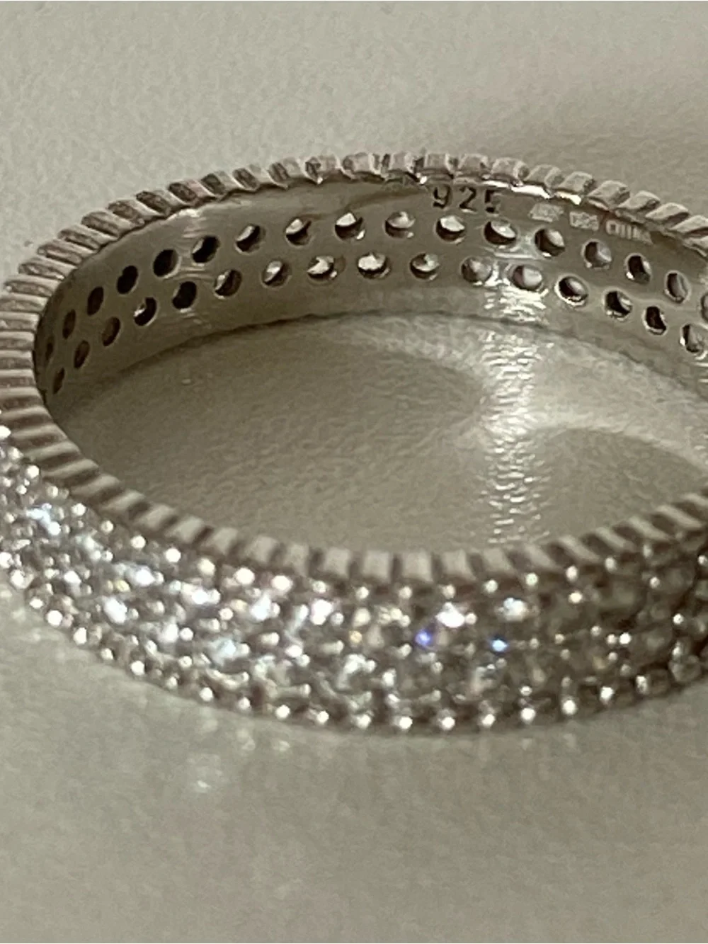 925 Sterling Silver Pave CZ Eternity Band Ring Size 7.5 2 Rows 4 mm EUC worn 1X